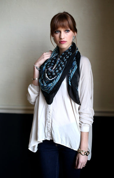  Anika Dali Women's Classic Black and Blue Ditsy Floral Square Fashion Scarf - www.AnikaDali.com