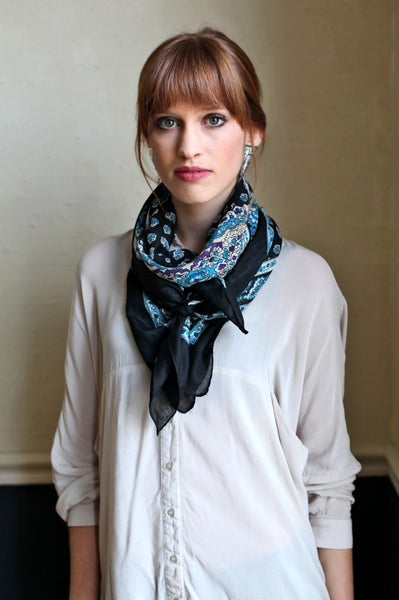  Anika Dali Women's Classic Black and Blue Ditsy Floral Square Fashion Scarf - www.AnikaDali.com
