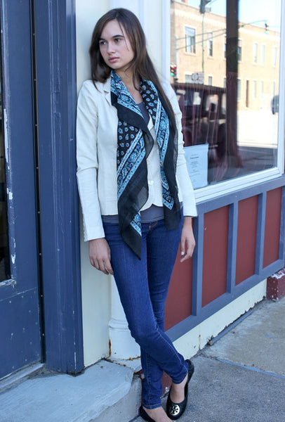  Anika Dali Women's Classic Black and Blue Ditsy Floral Square Fashion Scarf - www.AnikaDali.com