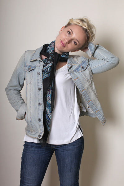  Anika Dali Women's Classic Black and Blue Ditsy Floral Square Fashion Scarf - www.AnikaDali.com