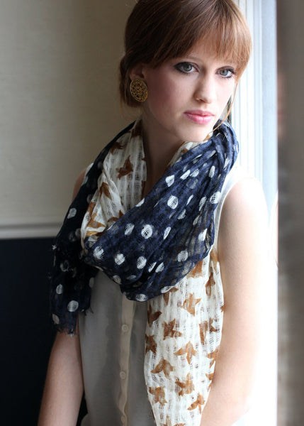 Anika Dali Women's Birds and Dots Print Soft Gauze Wool Scarf -www.AnikaDali.com
