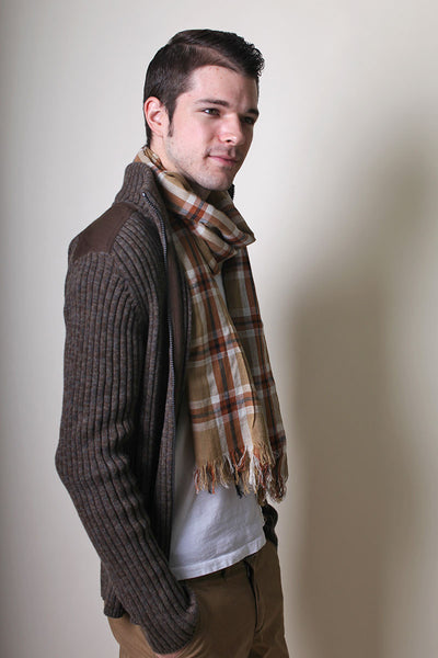Men's Brown Check Soft Cotton Fashion Scarf - Anika Dali