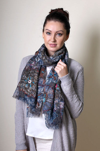 Anika Dali Women's Van Gogh Floral Hand Embroidered Natural Soft Wool Scarf