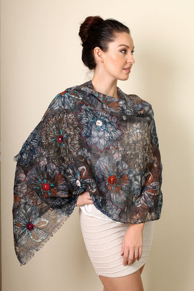 Anika Dali Women's Van Gogh Floral Hand Embroidered Natural Soft Wool Scarf