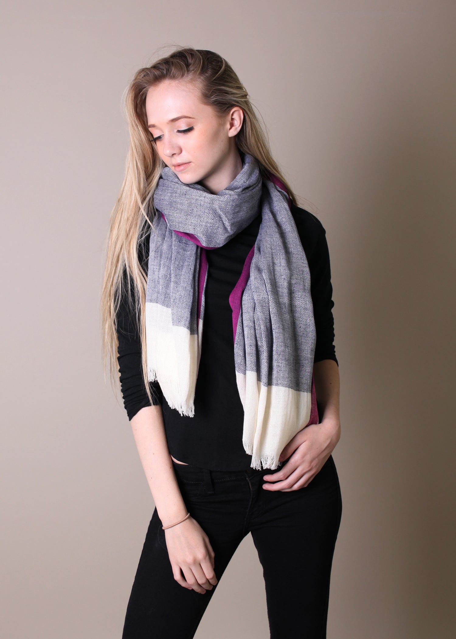 Women's Classic Herringbone Berry Selvedge Cotton Scarf / Shawl / Wrap -  Anika Dali