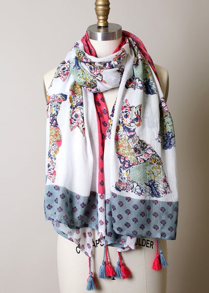 Anika Dali Women's Multicolor Kitty Cat Lover Scarf with Colorful Tassels