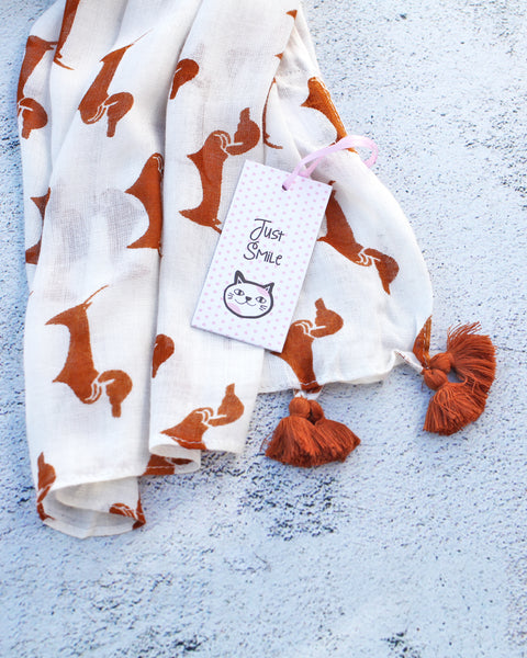 Women's Cute Bella Dachshund Doxie Dog Print Scarf with Tassels / Shawl / Wrap -Anika Dali