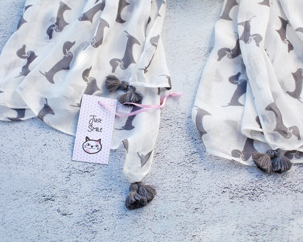 Women's Cute Bella Dachshund Doxie Dog Print Scarf with Tassels / Shawl / Wrap -Anika Dali