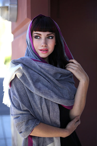 Women's Classic Herringbone Berry Selvedge Cotton Scarf / Shawl / Wrap - Anika Dali